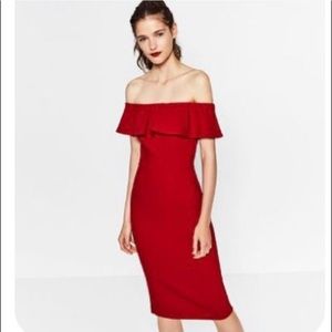 ZARA Red Ruffle Off Shoulder Dress Large